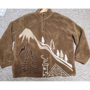 Express Mens Embroidered Print Quarter Zip Sherpa Sweatshirt Camel Sz XXL